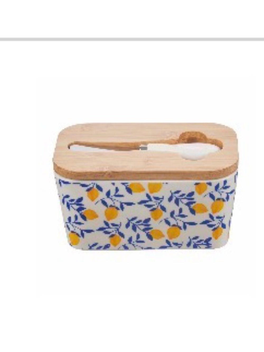 Ceramic Lemon Motif butter dish with Bamboo Lid and knife